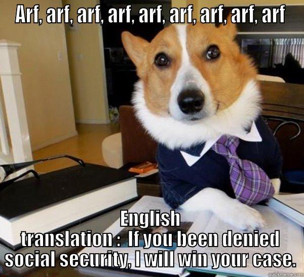 ARF, ARF, ARF, ARF, ARF, ARF, ARF, ARF, ARF ENGLISH TRANSLATION :  IF YOU BEEN DENIED SOCIAL SECURITY, I WILL WIN YOUR CASE. Lawyer Dog