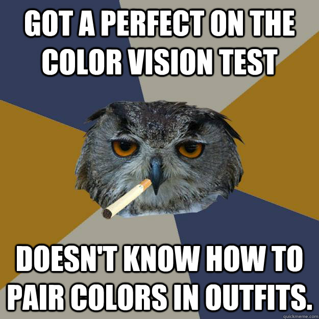 Got a perfect on the color vision test Doesn't know how to pair colors in outfits. - Got a perfect on the color vision test Doesn't know how to pair colors in outfits.  Art Student Owl