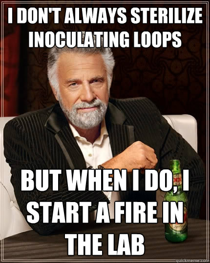 I don't always sterilize inoculating loops but when i do, i start a fire in the lab  The Most Interesting Man In The World