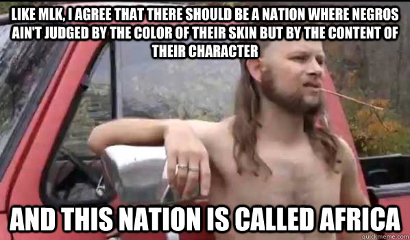 Like MLK, I agree that there should be a nation where negros ain't judged by the color of their skin but by the content of their character And this nation is called Africa  Almost Politically Correct Redneck