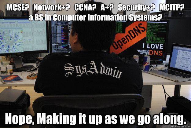 MCSE?   Network+?   CCNA?   A+?   Security+?   MCITP?   
a BS in Computer Information Systems? Nope, Making it up as we go along.  Success SysAdmin