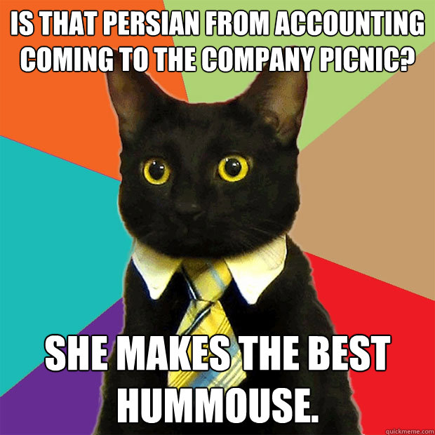 is that persian from accounting coming to the company picnic? She makes the best hummouse.  Business Cat