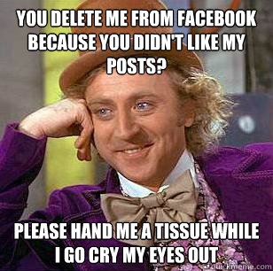 You delete me from Facebook because you didn't like my posts? Please hand me a tissue while I go cry my eyes out  Condescending Wonka