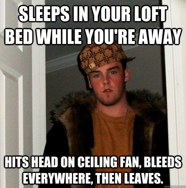 Sleeps in your loft bed while you're away Hits head on ceiling fan, bleeds everywhere, then leaves.  Scumbag Steve