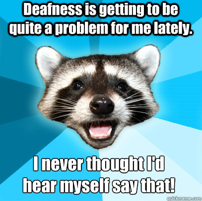 Deafness is getting to be quite a problem for me lately. I never thought I'd 
hear myself say that!  Lame Pun Coon