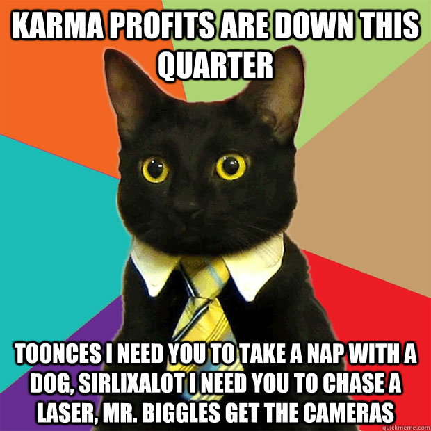 karma profits are down this quarter toonces i need you to take a nap with a dog, sirlixalot i need you to chase a laser, mr. biggles get the cameras  Business Cat