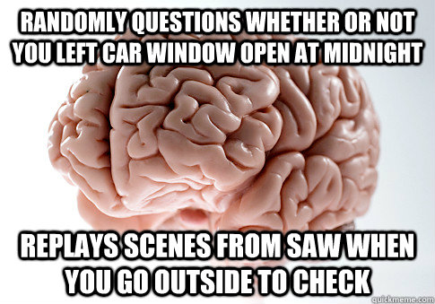 Randomly questions whether or not you left car window open at midnight replays scenes from saw when  you go outside to check  Scumbag Brain