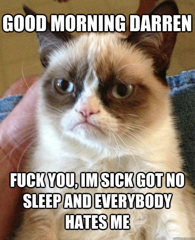 Good morning darren fuck you, im sick got no sleep and everybody hates me  Grumpy Cat