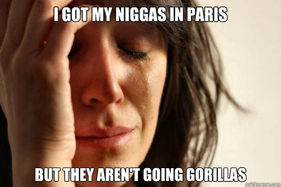 I got my niggas in Paris but they aren't going gorillas  First World Problems