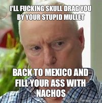 I'll fucking skull drag you by your stupid mullet Back to Mexico and fill your ass with nachos - I'll fucking skull drag you by your stupid mullet Back to Mexico and fill your ass with nachos  Alf Stewart