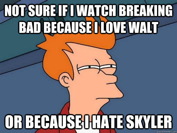 not sure if i watch breaking bad because i love walt or because i hate skyler - not sure if i watch breaking bad because i love walt or because i hate skyler  Futurama Fry