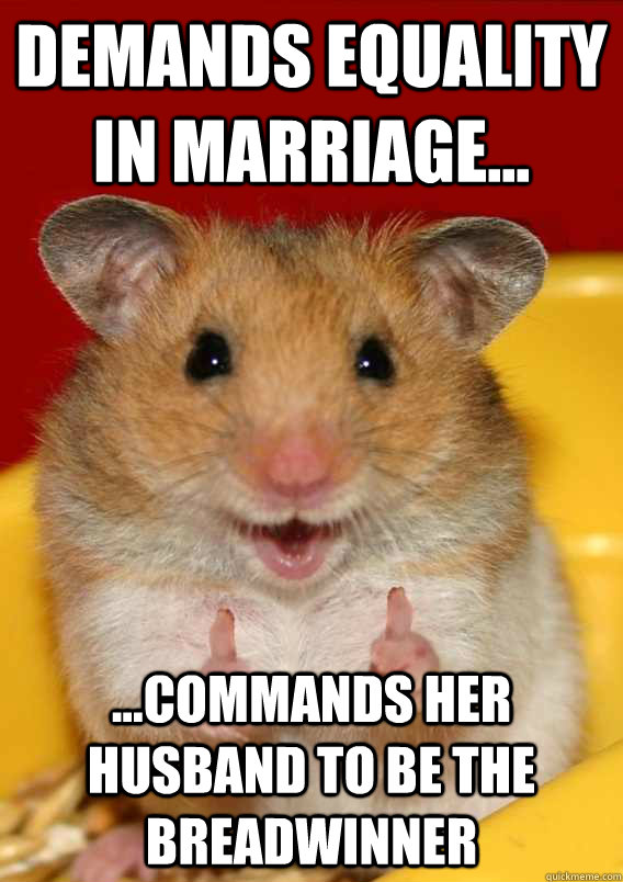 demands equality in marriage... ...commands her husband to be the breadwinner  - demands equality in marriage... ...commands her husband to be the breadwinner   Rationalization Hamster