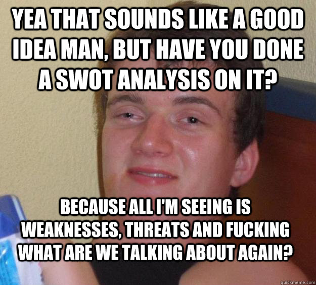 yea that sounds like a good idea man, but have you done a swot analysis on it? because all i'm seeing is weaknesses, threats and fucking what are we talking about again?  10 Guy