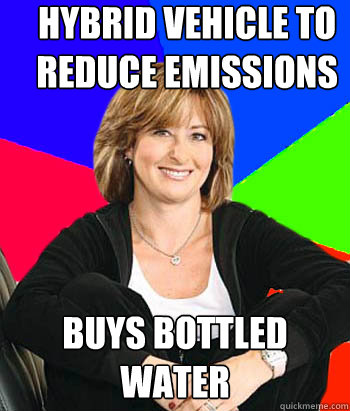 hybrid vehicle to reduce emissions buys bottled water  Sheltering Suburban Mom