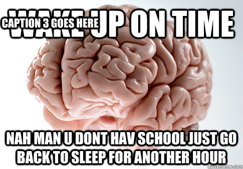 Wake Up On time Nah man u dont hav school just Go back to sleep for another hour Caption 3 goes here  Scumbag Brain