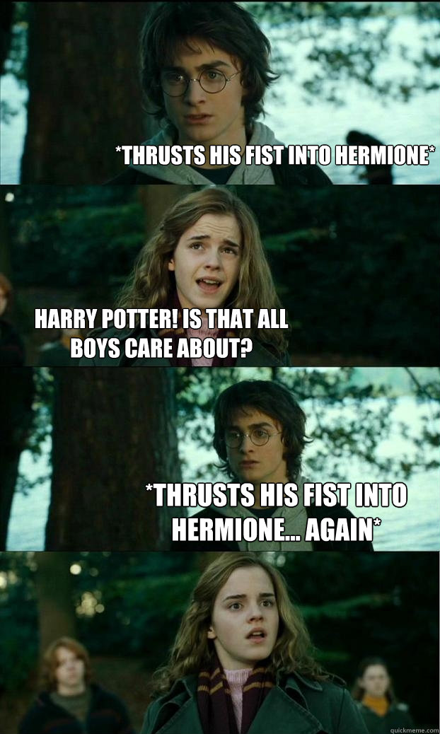 *thrusts his fist into Hermione* Harry Potter! Is that all boys care about? *thrusts his fist into hermione... again*  Horny Harry