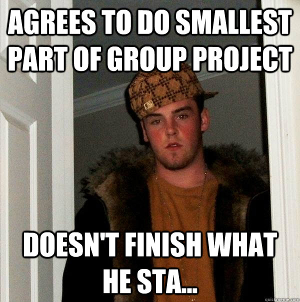 Agrees to do smallest part of group project Doesn't finish what he sta...  Scumbag Steve