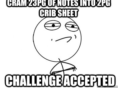 Cram 23pg of notes into 2pg crib sheet Challenge Accepted  Challenge Accepted