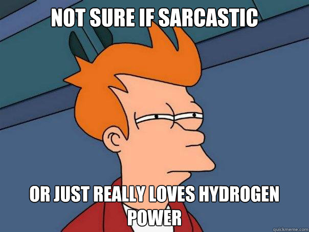 Not sure if sarcastic Or just really loves hydrogen power  Futurama Fry