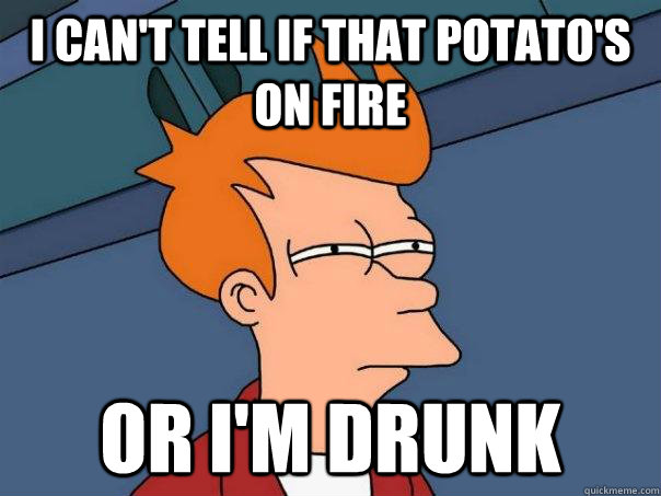 I can't tell if that potato's on fire Or i'm drunk  Futurama Fry