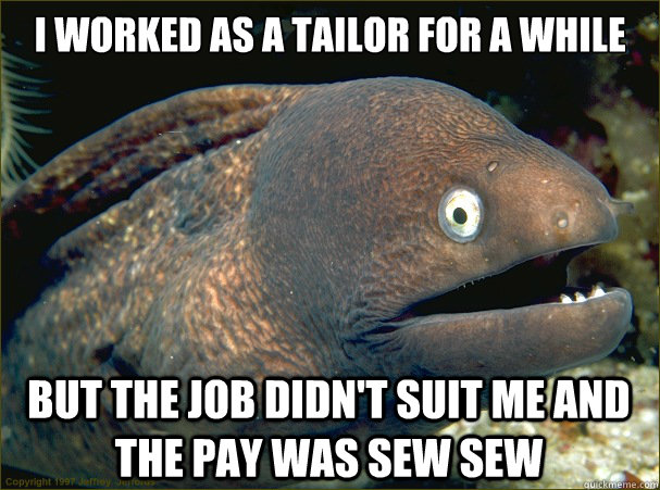 i worked as a tailor for a while but the job didn't suit me and the pay was sew sew  Bad Joke Eel