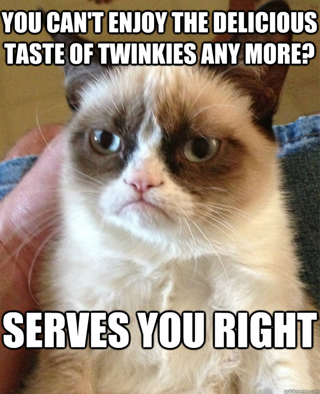 You can't enjoy the delicious taste of twinkies any more? Serves you right  Grumpy Cat