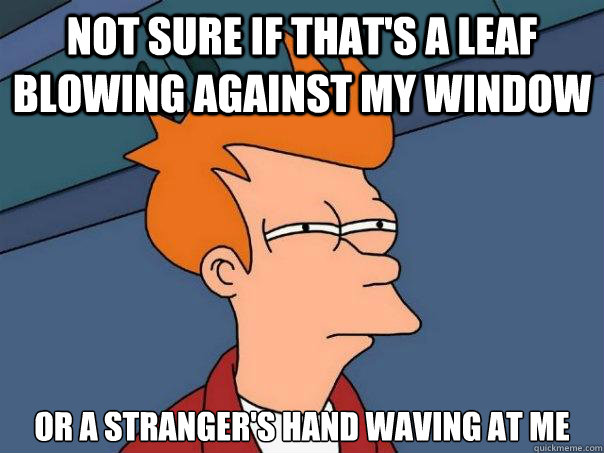 not sure if that's a leaf blowing against my window or a stranger's hand waving at me - not sure if that's a leaf blowing against my window or a stranger's hand waving at me  Futurama Fry