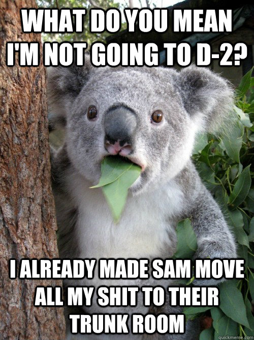 what do you mean I'm not going to D-2? i ALREADY MADE SAM MOVE ALL MY SHIT TO THEIR TRUNK ROOM  Surprised Koala