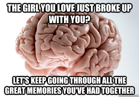 the girl you love just broke up with you? Let's keep going through all the great memories you've had together  Scumbag Brain