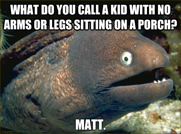 What do you call a kid with no arms or legs sitting on a porch? Matt.  Bad Joke Eel