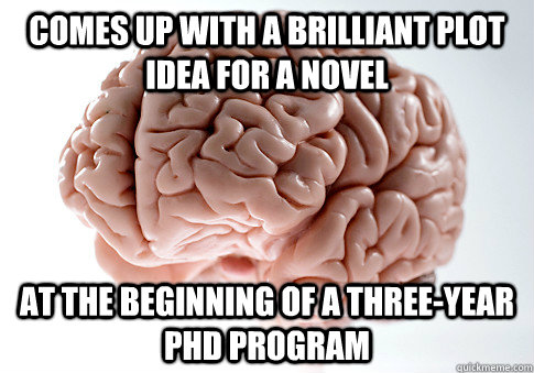 Comes up with a brilliant plot idea for a novel At the beginning of a three-year PhD program  Scumbag Brain