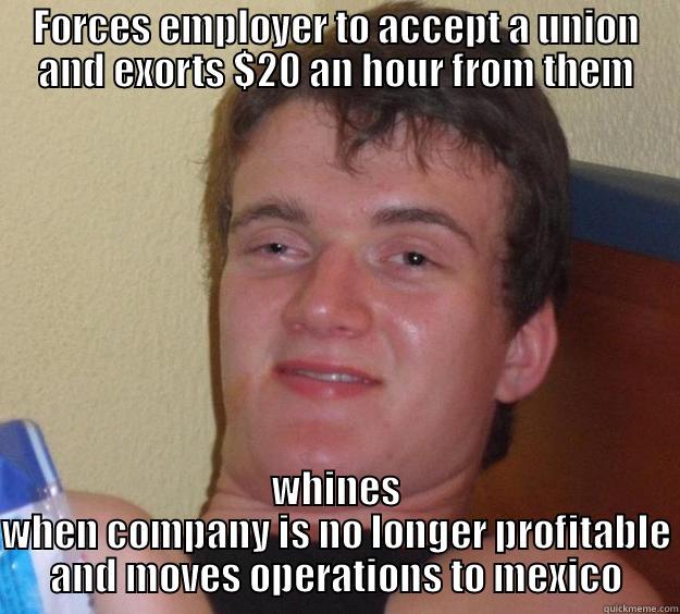 FORCES EMPLOYER TO ACCEPT A UNION AND EXORTS $20 AN HOUR FROM THEM WHINES WHEN COMPANY IS NO LONGER PROFITABLE AND MOVES OPERATIONS TO MEXICO 10 Guy