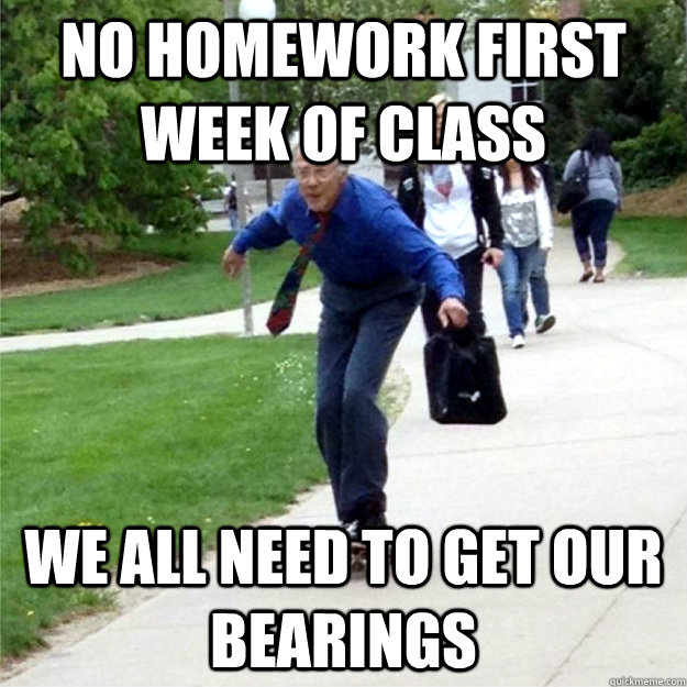 No homework first week of class We all need to get our bearings  Skating Prof