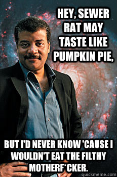 Hey, sewer rat may taste like pumpkin pie,  but I'd never know 'cause I wouldn't eat the filthy motherf*cker.  Neil deGrasse Tyson