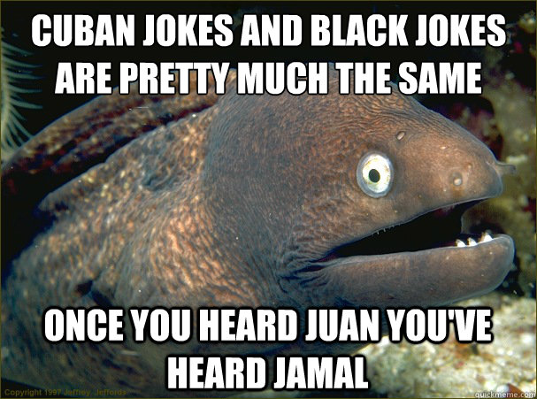 cuban jokes and black jokes are pretty much the same once you heard juan you've heard jamal  Bad Joke Eel