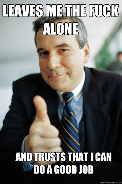 Leaves me the FUCK alone And trusts that I can do a good job - Leaves me the FUCK alone And trusts that I can do a good job  Good Guy Boss