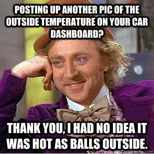 Posting up another pic of the outside temperature on your car dashboard? Thank you, I had no idea it was hot as balls outside.  Condescending Wonka