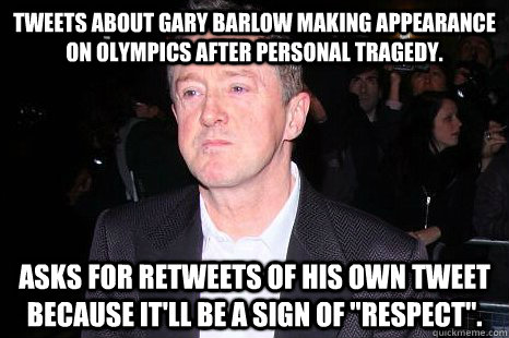 Tweets about Gary Barlow making appearance on olympics after personal tragedy. Asks for retweets of his own tweet because it'll be a sign of 