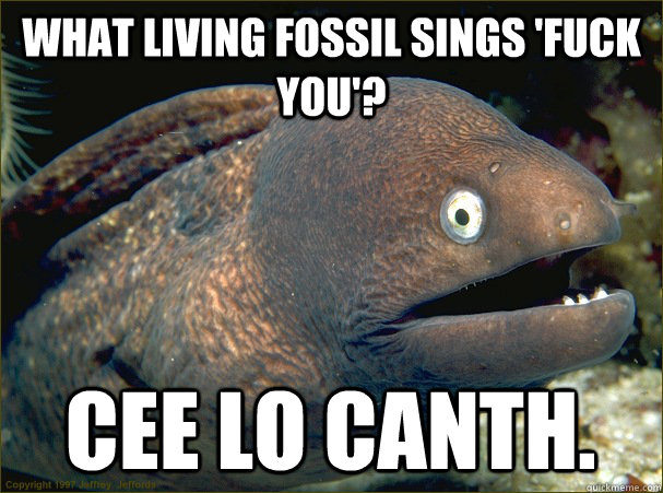 What living fossil sings 'fuck you'? Cee Lo Canth. - What living fossil sings 'fuck you'? Cee Lo Canth.  Bad Joke Eel