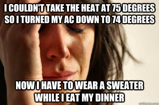 i couldn't take the heat at 75 degrees so i turned my AC down to 74 degrees now i have to wear a sweater while i eat my dinner  