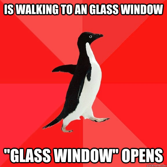 is walking to an glass window 