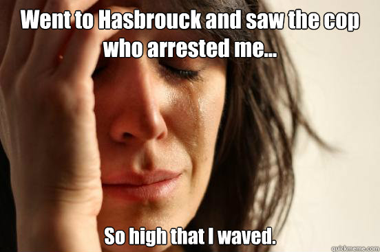 Went to Hasbrouck and saw the cop who arrested me... So high that I waved.  First World Problems