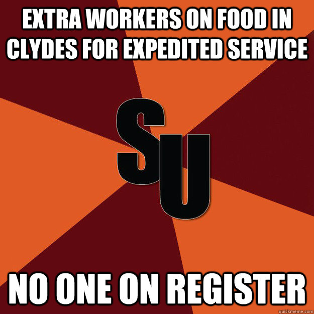 Extra Workers on Food in Clydes for expedited service No one on register  This School Is Too Small