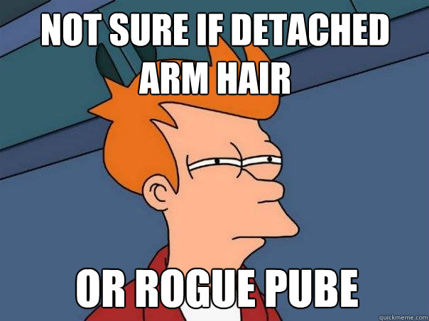 Not sure if detached arm hair Or rogue pube  Futurama Fry