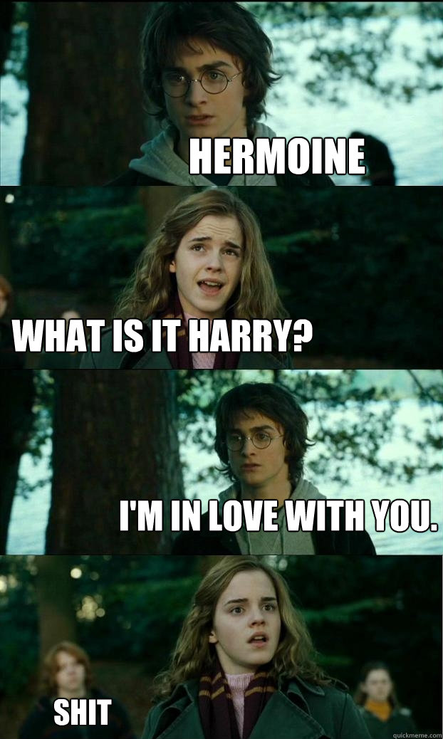 hermoine What is it Harry? i'm in love with you. shit
  Horny Harry