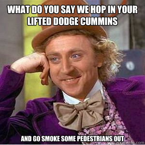 what do you say we hop in your lifted dodge cummins  and go smoke some pedestrians out   willy wonka