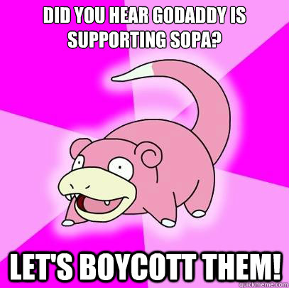 did you hear godaddy is supporting sopa? let's boycott them!  Slowpoke