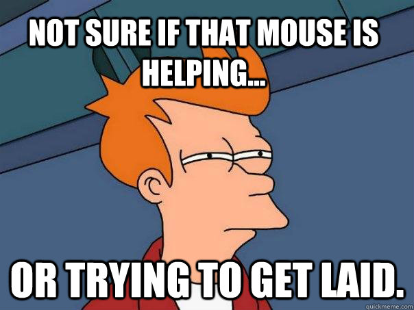 Not sure if that mouse is helping... Or trying to get laid.  Futurama Fry