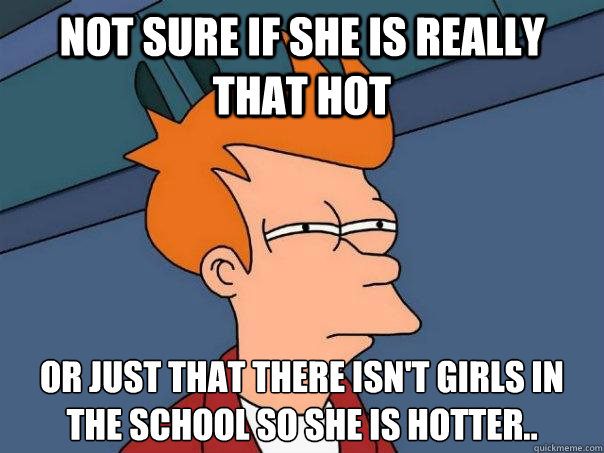 Not sure if she is really that hot Or just that there isn't girls in the school so she is hotter..
  Futurama Fry