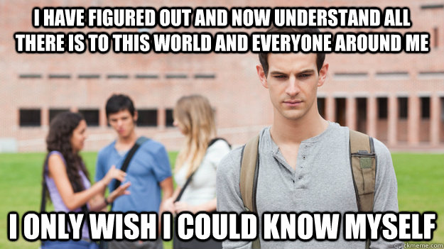 I have figured out and now understand all there is to this world and everyone around me i only wish i could know myself  Soul Searching Sophomore